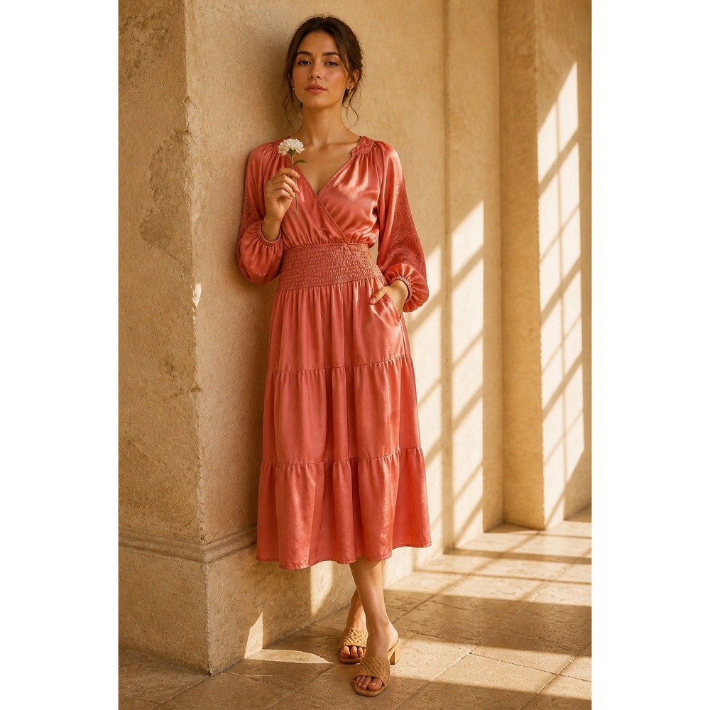 Penelope Rose Rust Embroidered Eyelet Sleeve Smocked Tiered Midi Dress Sm Boho